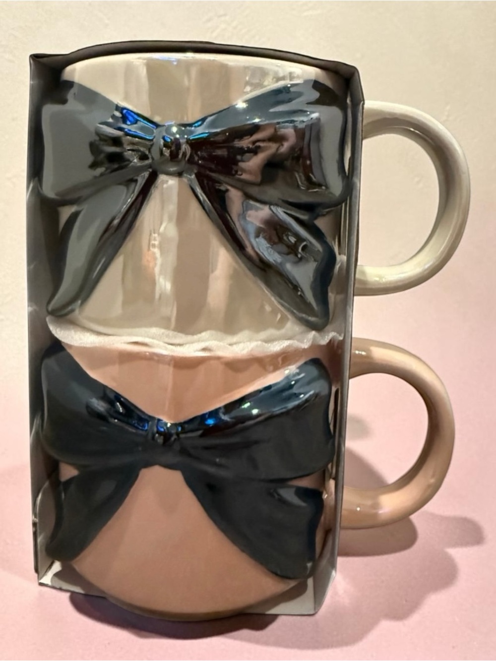 🪷 Ceramic Petal & Pearl Stackable Hand Painted Pink & Cream Bow Mug Set